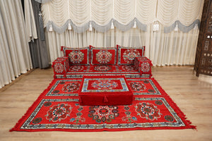 Red Arabic Majlis Floor Sofa, Diwan Sofa Sets, Turkish Floor Sofa, Moroccan Cushion, Ethnic Floor Cushion, Kilim Cushion Set, Traditional Sofa