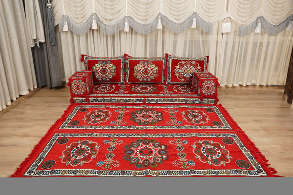 Red Arabic Majlis Floor Sofa, Diwan Sofa Sets, Turkish Floor Sofa, Moroccan Cushion, Ethnic Floor Cushion, Kilim Cushion Set, Traditional Sofa