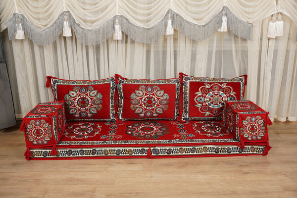 Red Arabic Majlis Floor Sofa, Diwan Sofa Sets, Turkish Floor Sofa, Moroccan Cushion, Ethnic Floor Cushion, Kilim Cushion Set, Traditional Sofa