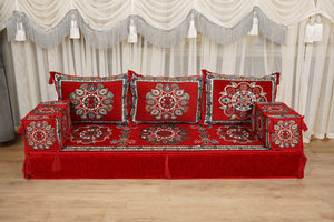 Red Arabic Majlis Floor Sofa, Diwan Sofa Sets, Turkish Floor Sofa, Moroccan Cushion, Ethnic Floor Cushion, Kilim Cushion Set, Traditional Sofa