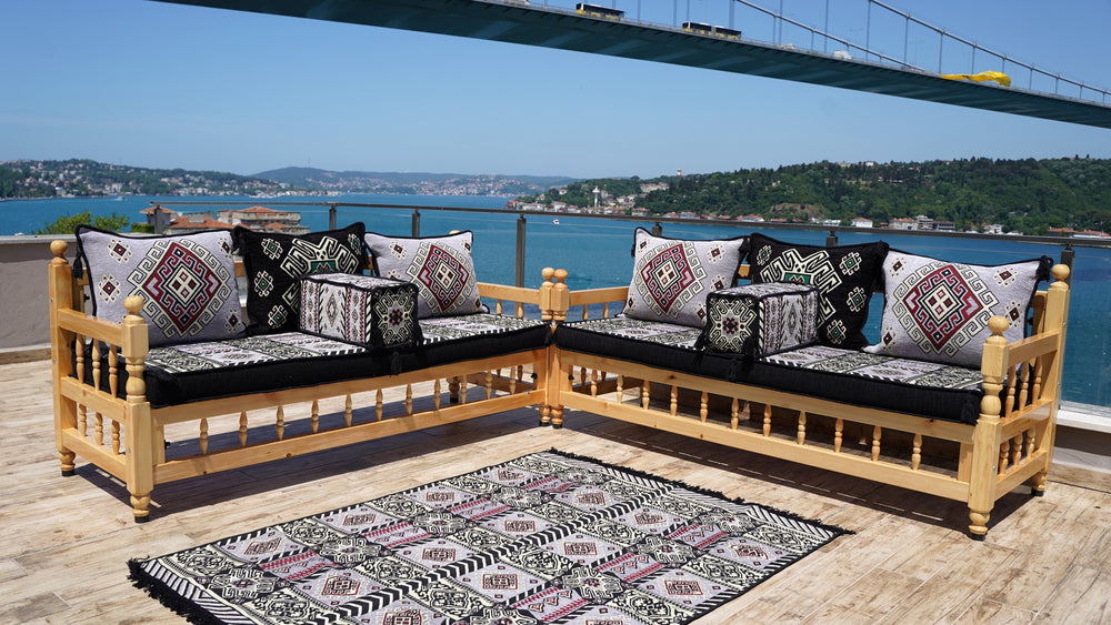 Yellow Traditional Wooden Bench Sofa Sets, Outdoor Furniture, Arabic Seating Jalsah, Corner Sofa Set, Bohemian Furniture, Arabic Jalsah, Floor Cushion Set (Copy)