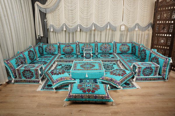 أطقم أرائك ديوان تقليدية، أرائك مقطعية، طقم أرائك مجلس، جلوس عربي على الأرض، أرائك أرضية شرق أوسطية، أرائك صالة عربية، أرائك بمقعدين