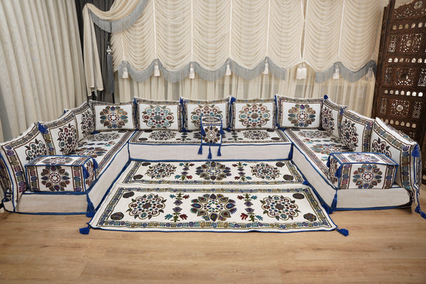 White Bursa Silk Trail: Single Floor Sofa Set – Arabic Majlis Sofa – Oriental Cushion Set – Turkish Moroccan Floor Couch