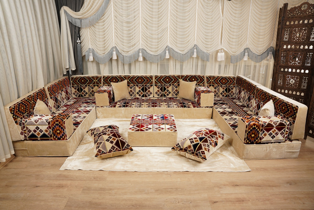 Boho Style Living Room Sofa Set, Diwan Sofa Sets, Floor Sofa, Arabic Majlis Sofa, Traditional Sofa Set, Sectional Floor Cushions