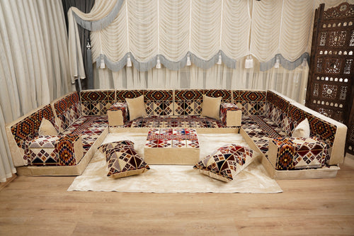 طقم كنب لغرفة المعيشة على طراز بوهو، طقم كنب ديوان، كنب أرضي، كنب مجلس عربي، طقم كنب تقليدي، وسائد أرضية مقسمة