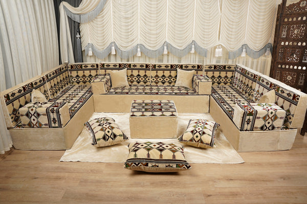 Loveseat Bodenssofa, Arabisches Bodenkissen, Diwan Sofagarnituren, Sofa im Nahen Osten, Ottomanisches Kissenset, Handgefertigtes Arabisches Bodenssofa