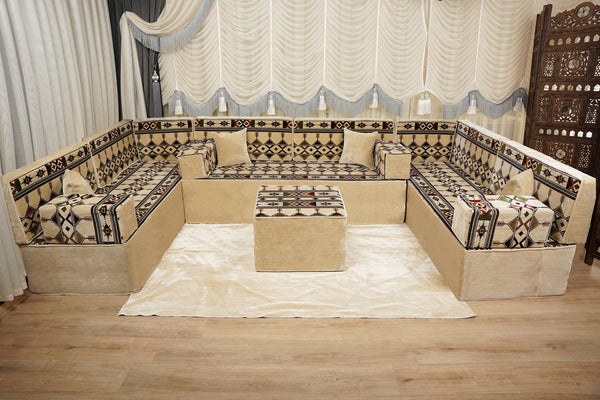 Beige Baghdad Sprinkles: Single Floor Sofa – Arabic Sofa – Bohemian Floor Seating Sofa – Traditional Arabic Majlis