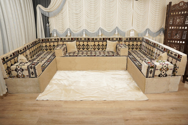 Beige Baghdad Sprinkles: Single Floor Sofa – Arabic Sofa – Bohemian Floor Seating Sofa – Traditional Arabic Majlis