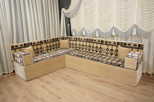 Beige Baghdad Sprinkles: Single Floor Sofa – Arabic Sofa – Bohemian Floor Seating Sofa – Traditional Arabic Majlis