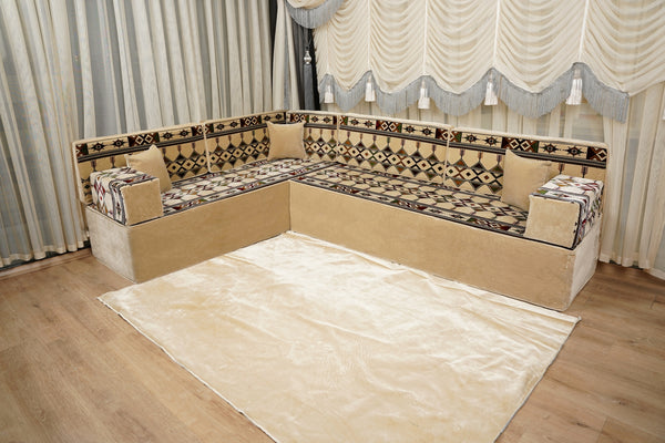 Beige Baghdad Sprinkles: Single Floor Sofa – Arabic Sofa – Bohemian Floor Seating Sofa – Traditional Arabic Majlis