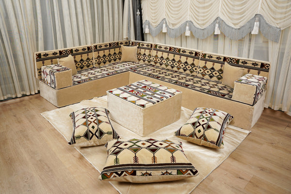 Beige Baghdad Sprinkles: Single Floor Sofa – Arabic Sofa – Bohemian Floor Seating Sofa – Traditional Arabic Majlis