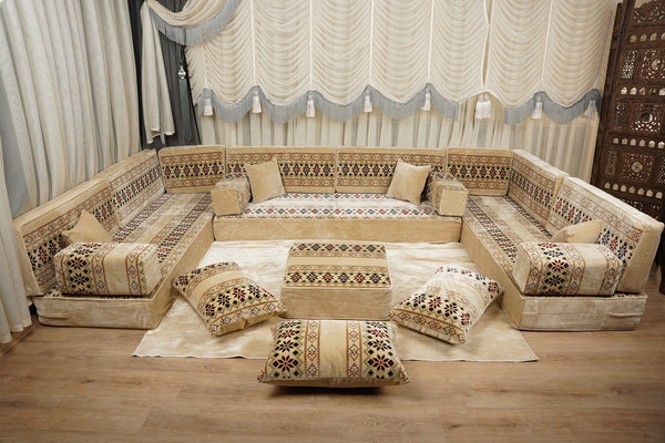 Beige Baghdad Ethnic: Arabic Floor Seating – Floor Sofa With Backrest – Moroccan Style Couch – Modular Sofa Cushions