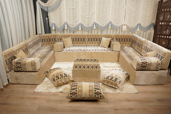 Beige Baghdad Ethnic: Arabic Floor Seating – Floor Sofa With Backrest – Moroccan Style Couch – Modular Sofa Cushions