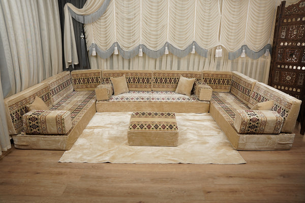 Beige Baghdad Ethnic: Arabic Floor Seating – Floor Sofa With Backrest – Moroccan Style Couch – Modular Sofa Cushions