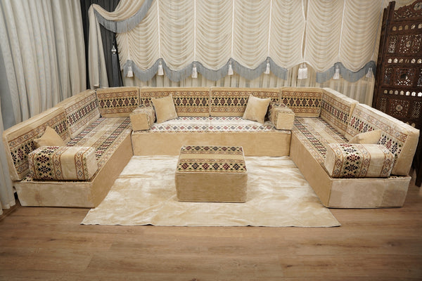 Beige Baghdad Ethnic: Arabic Floor Seating – Floor Sofa With Backrest – Moroccan Style Couch – Modular Sofa Cushions
