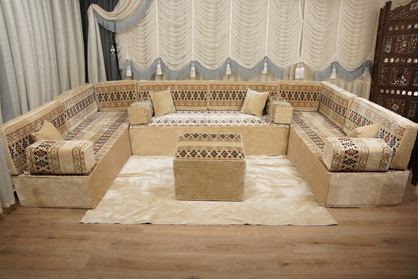 Beige Baghdad Ethnic: Arabic Floor Seating – Floor Sofa With Backrest – Moroccan Style Couch – Modular Sofa Cushions