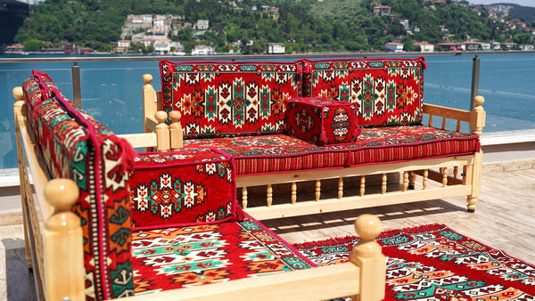 Floor Cushions Set, Arabic Floor Seating, Patio Furniture, Wooden Bench Sofa Sets, Arabic Majlis Set, Arabic Seating Jalsah, Traditional Wooden Bench, Yemeni Majlis, Garden Sofa Set