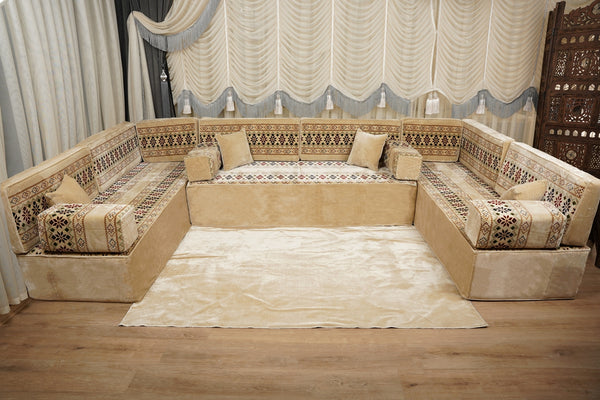 Beige Baghdad Ethnic: Arabic Floor Seating – Floor Sofa With Backrest – Moroccan Style Couch – Modular Sofa Cushions