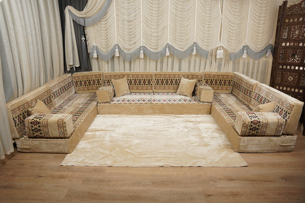 Beige Baghdad Ethnic: Arabic Floor Seating – Floor Sofa With Backrest – Moroccan Style Couch – Modular Sofa Cushions