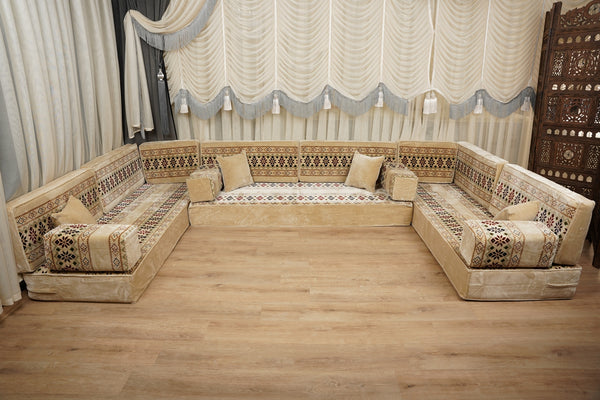 Beige Baghdad Ethnic: Arabic Floor Seating – Floor Sofa With Backrest – Moroccan Style Couch – Modular Sofa Cushions