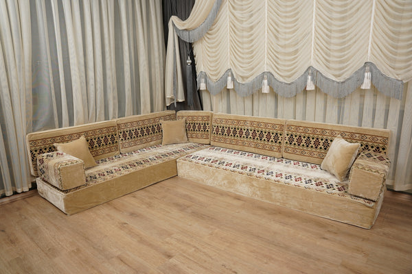 Beige Baghdad Ethnic: Arabic Floor Seating – Floor Sofa With Backrest – Moroccan Style Couch – Modular Sofa Cushions