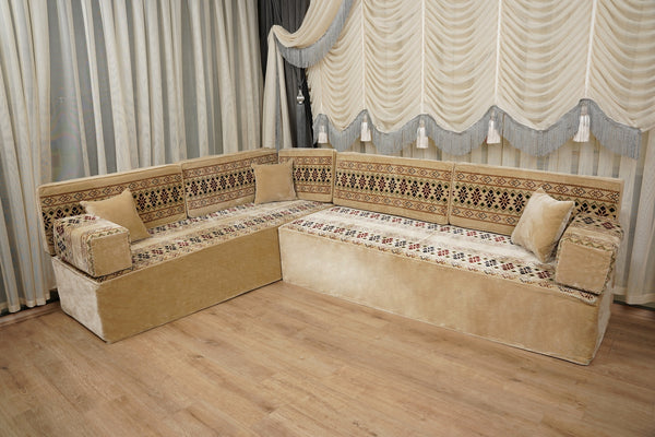 Beige Baghdad Ethnic: Arabic Floor Seating – Floor Sofa With Backrest – Moroccan Style Couch – Modular Sofa Cushions