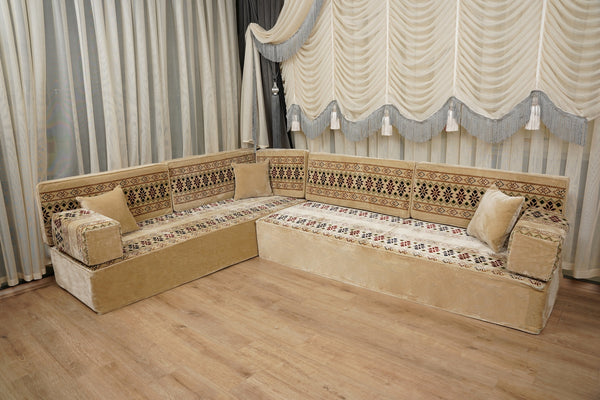 Beige Baghdad Ethnic: Arabic Floor Seating – Floor Sofa With Backrest – Moroccan Style Couch – Modular Sofa Cushions