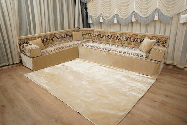 Beige Baghdad Ethnic: Arabic Floor Seating – Floor Sofa With Backrest – Moroccan Style Couch – Modular Sofa Cushions