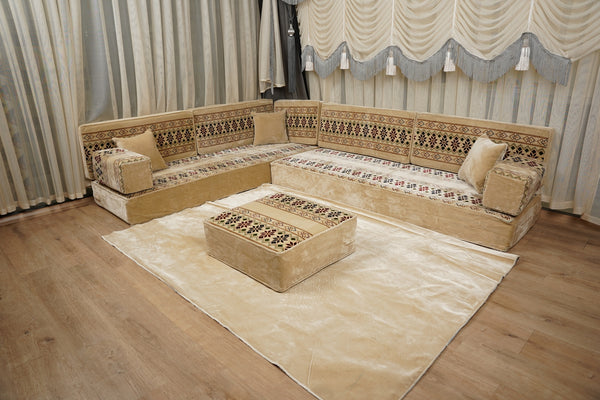 Beige Baghdad Ethnic: Arabic Floor Seating – Floor Sofa With Backrest – Moroccan Style Couch – Modular Sofa Cushions