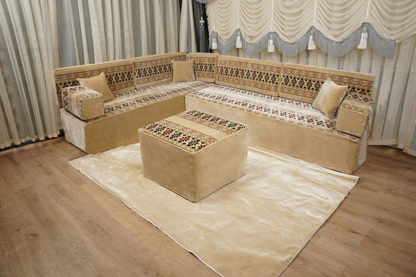 Beige Baghdad Ethnic: Arabic Floor Seating – Floor Sofa With Backrest – Moroccan Style Couch – Modular Sofa Cushions