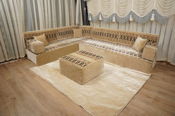 Beige Baghdad Ethnic: Arabic Floor Seating – Floor Sofa With Backrest – Moroccan Style Couch – Modular Sofa Cushions