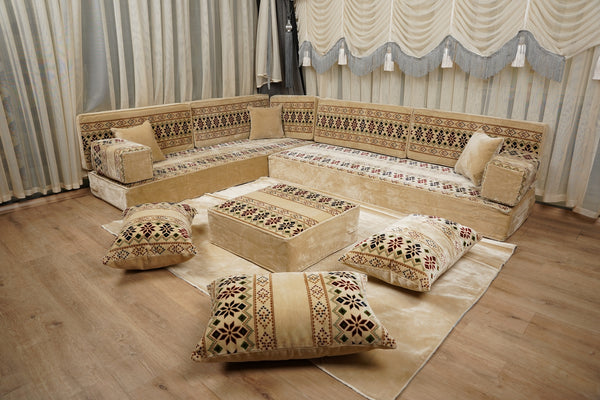 Beige Baghdad Ethnic: Arabic Floor Seating – Floor Sofa With Backrest – Moroccan Style Couch – Modular Sofa Cushions