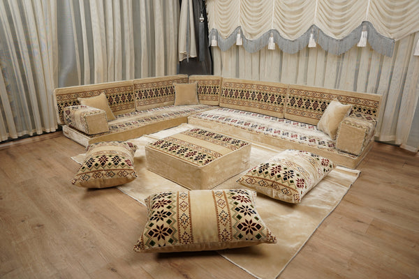 U-förmiges Bodenssofa, Boho-Bodencouches, Diwan-Sofa-Sets, nahöstliches Sofa, Sofa im marokkanischen Stil, arabisches Bodenssofa mit Kissen