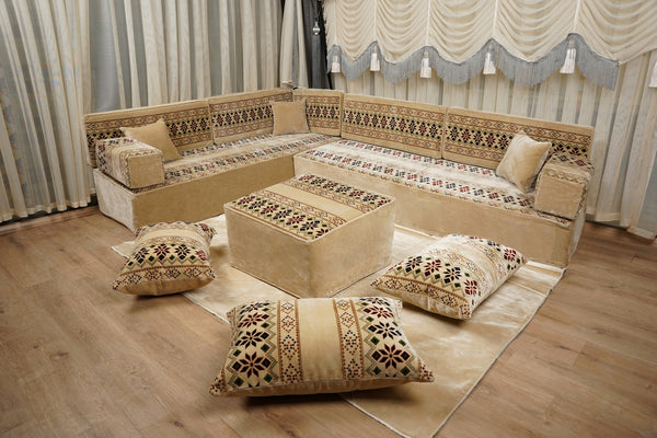 Beige Baghdad Ethnic: Arabic Floor Seating – Floor Sofa With Backrest – Moroccan Style Couch – Modular Sofa Cushions