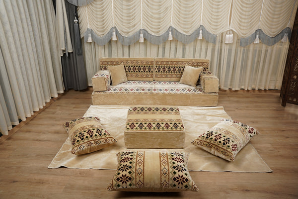 Beige Baghdad Ethnic: Arabic Floor Seating – Floor Sofa With Backrest – Moroccan Style Couch – Modular Sofa Cushions