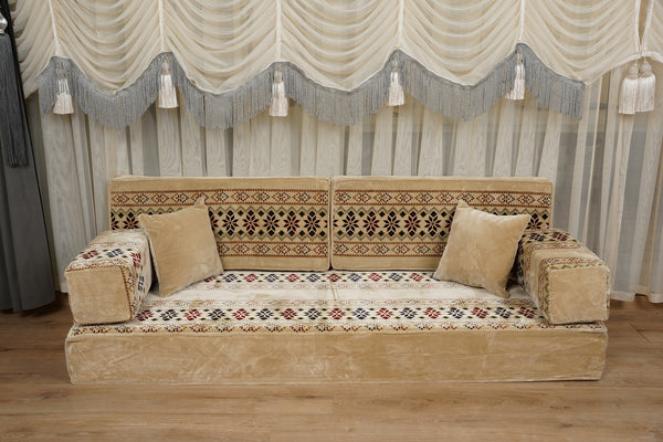 Beige Baghdad Ethnic: Arabic Floor Seating – Floor Sofa With Backrest – Moroccan Style Couch – Modular Sofa Cushions