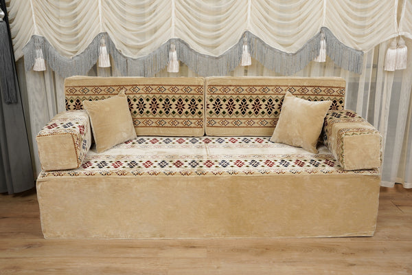 Beige Baghdad Ethnic: Arabic Floor Seating – Floor Sofa With Backrest – Moroccan Style Couch – Modular Sofa Cushions