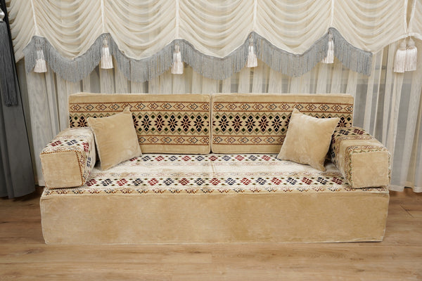 Beige Baghdad Ethnic: Arabic Floor Seating – Floor Sofa With Backrest – Moroccan Style Couch – Modular Sofa Cushions