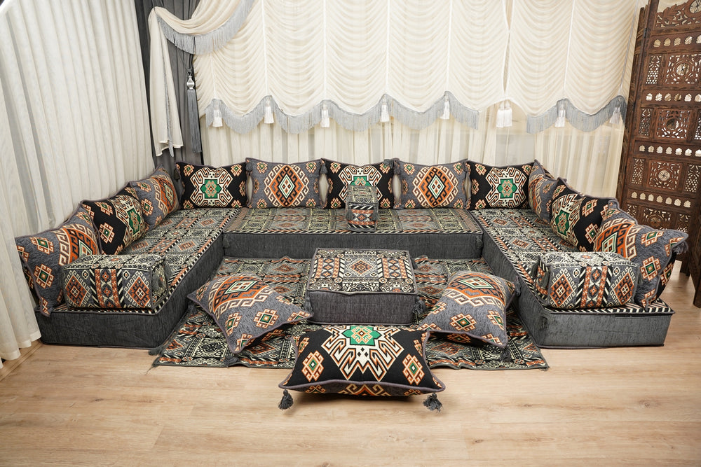 U Shaped Floor Cushion, Kilim Pattern Pillow, Ottoman Floor Sofa Seating Set, Traditional Sofa Set, Floor Seating Sofa, Diwan Sofa Sets