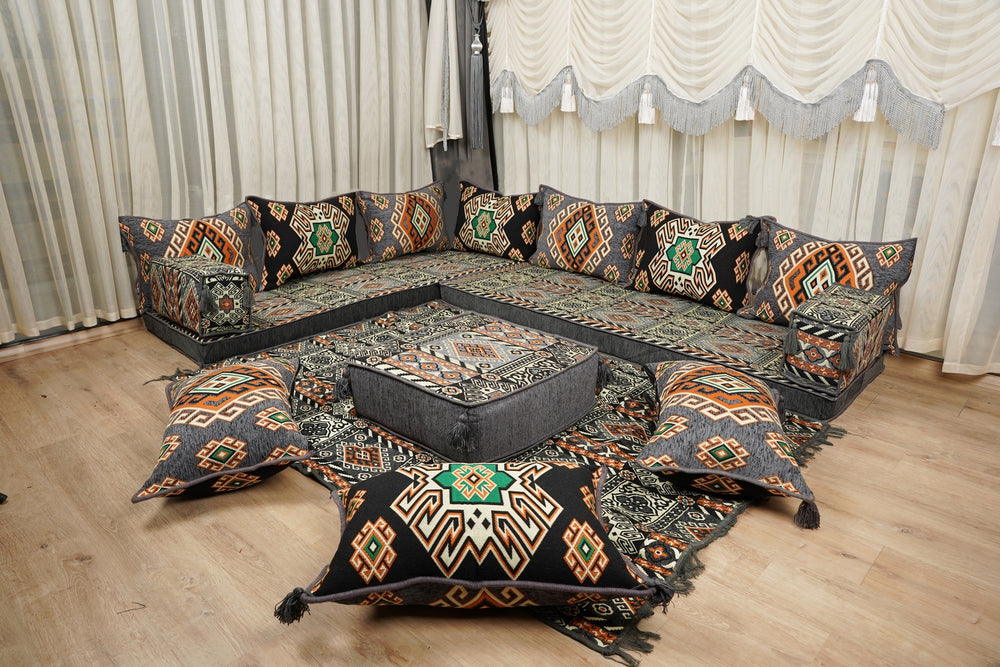 Gray Moritania Mirage: U Shaped Floor Sofa Set – Ottoman Floor Sofa Seating Set – Authentic Arabic Majlis