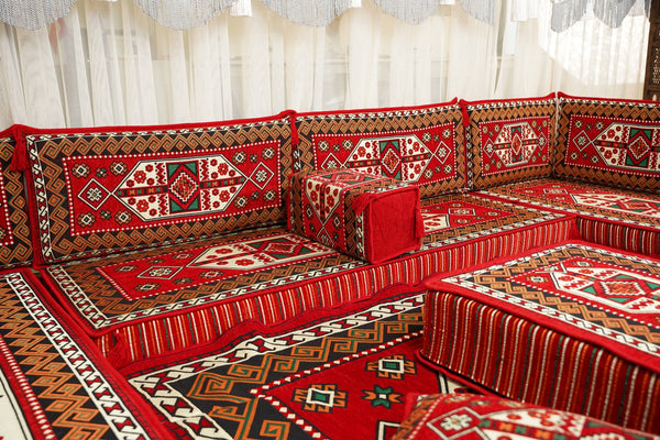 Red Arabic Lounge Sofa, Diwan Sofa Sets, Moroccan Couch, Floor Sofa Seating Set, Moroccan Couch, Arabic Jalsa Set