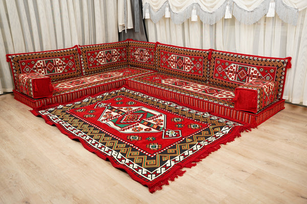 Red Arabic Lounge Sofa, Diwan Sofa Sets, Moroccan Couch, Floor Sofa Seating Set, Moroccan Couch, Arabic Jalsa Set