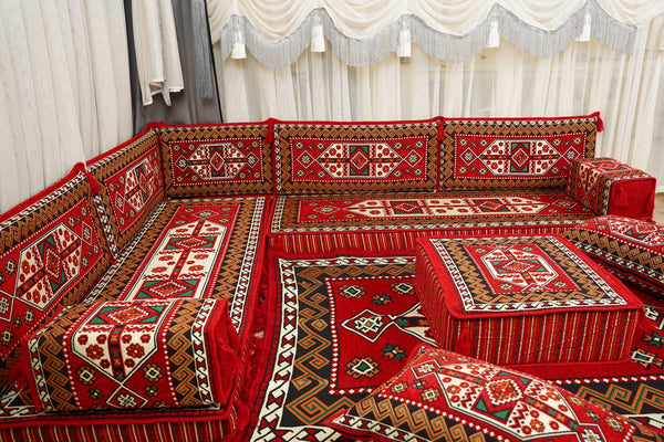 Red Arabic Lounge Sofa, Diwan Sofa Sets, Moroccan Couch, Floor Sofa Seating Set, Moroccan Couch, Arabic Jalsa Set