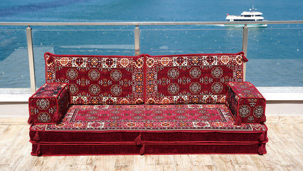 Maroon Afghan Heritage pattern single Arabic floor sofa set, photo 12 of 17