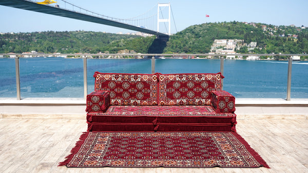 Maroon Afghan Heritage pattern single Arabic floor sofa set, photo 13 of 17