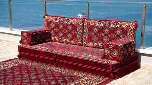 Maroon Afghan Heritage pattern single Arabic floor sofa set, photo 14 of 17