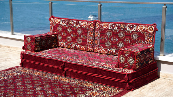 Maroon Afghan Heritage pattern single Arabic floor sofa set, photo 14 of 17