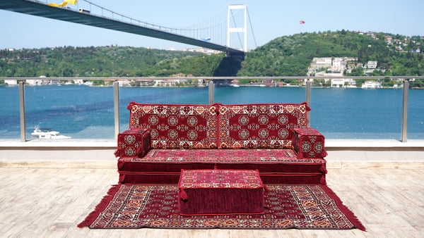 Maroon Afghan Heritage pattern single Arabic floor sofa set, photo 15 of 17