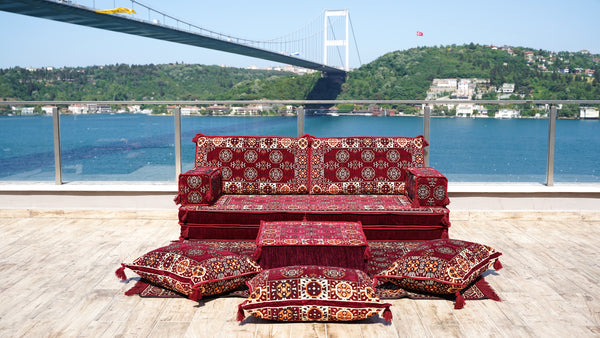 Maroon Afghan Heritage pattern single Arabic floor sofa set, photo 17 of 17