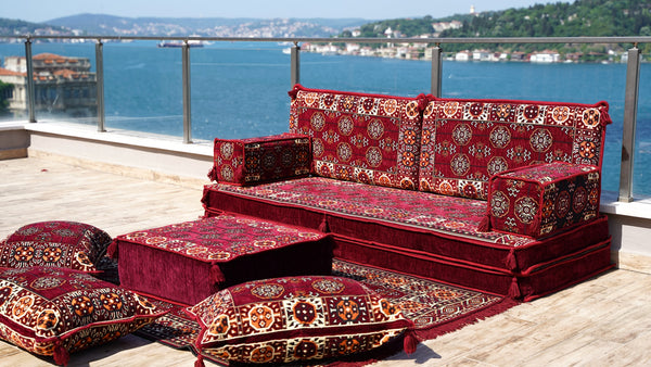 Maroon Afghan Heritage pattern single Arabic floor sofa set, photo 18 of 18